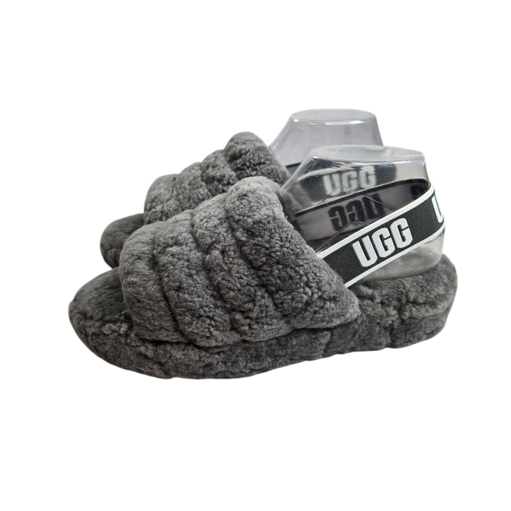 Ugg Fluff Yeah gray shearling ankle strap open toe slides